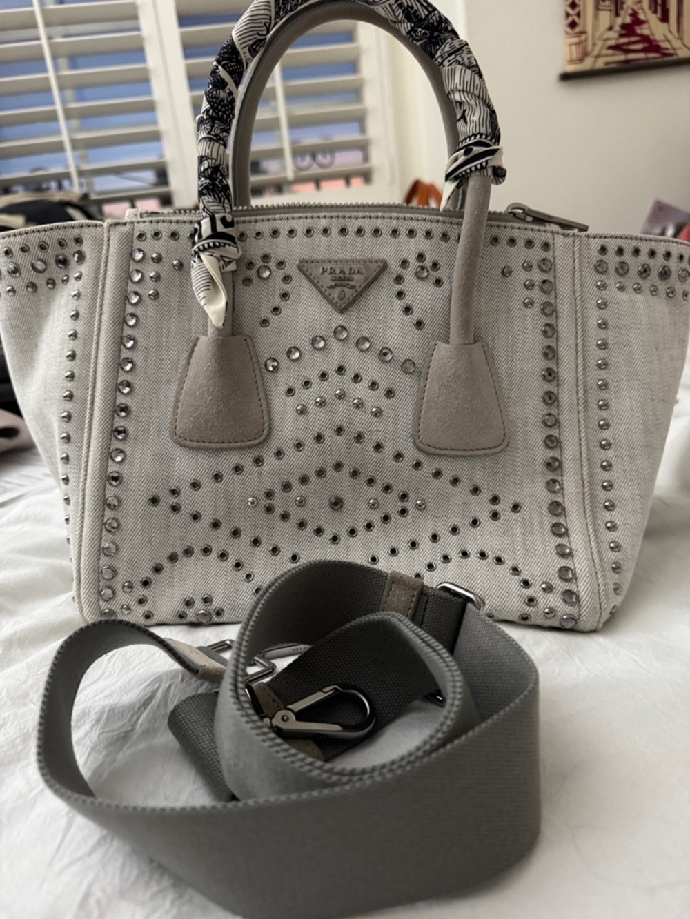 Prada Light Gray Studded Canapa Tote with strap